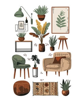 Illustration of a boho-style room with an armchair, potted plants, and warm colors vector