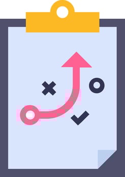 A clipboard with an arrow pointing up and a pink arrow pointing down vector