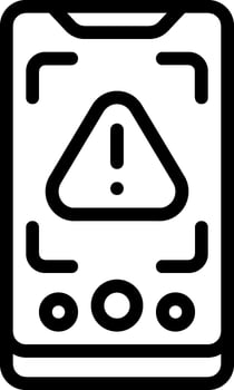 A black and white icon of a cell phone with a warning sign vector