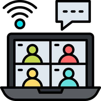 A laptop with people on it and a speech bubble vector
