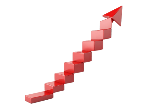 Red 3D steps with an arrow pointing upwards, symbolizing growth, progress, and success. Ideal for business and financial concepts. png