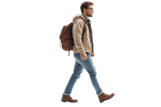 Man walking with a backpack, wearing casual clothes. Side view of a confident young male commuter isolated on transparent background. png
