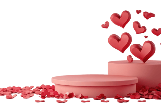 Two pink podiums with red heart shapes and petals, perfect background for Valentine's, wedding, or romantic-themed design projects. png