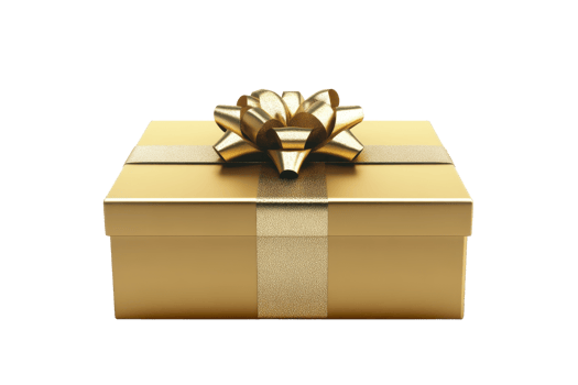 A beautifully wrapped golden gift box with a shiny bow, perfect for celebrations, holidays, and special occasions. png
