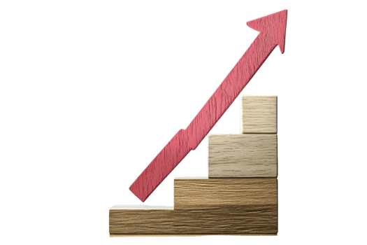 Wooden blocks stacked as stairs with a red upward arrow signifying growth, success, and progress in business or personal development. png