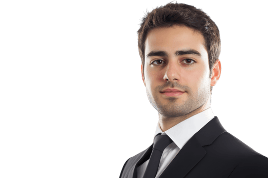 Confident young businessman in a suit and tie, isolated transparent background. professional headshot, corporate profile, modern executive portrait. png