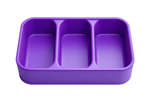 Purple plastic divided tray with three compartments, perfect for organizing meals or snacks. Ideal for lunchboxes, picnics, and food storage. png