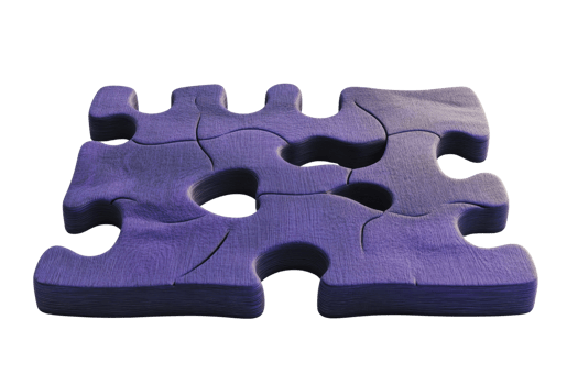 Purple puzzle pieces interconnected on a transparent background. symbolizing connection, teamwork, and problem-solving in a conceptual image. png