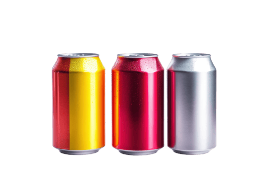 Three colorful aluminum cans in yellow, red, and silver arranged in a row isolated on transparent background. Beverage container, drink packaging. png