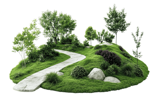 Serene path winding through a lush, green landscape with trees, shrubs, and rocks. Ideal for nature and garden-themed projects. png