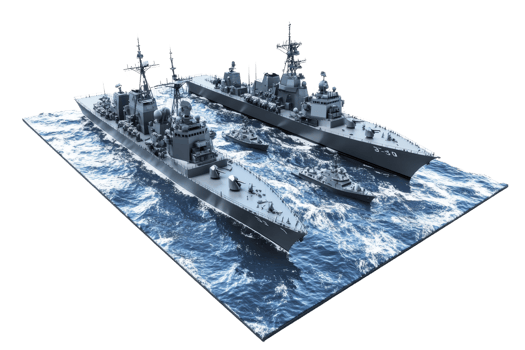 Two modern military warships sailing side by side in open waters, showcasing naval power and modern maritime technology. png
