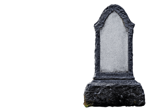 An old, weathered tombstone with a blank inscription, standing alone against a plain transparent background. representing solitude and timelessness. png