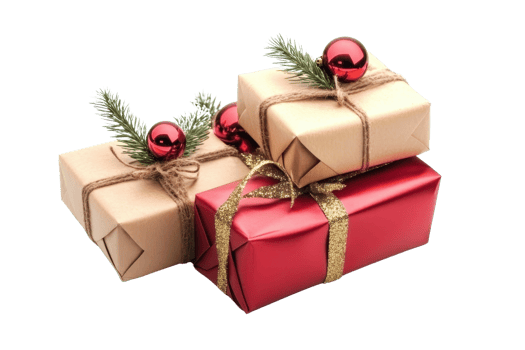 Beautifully wrapped Christmas presents with red ornaments and pine branches, perfect for the holiday season and gift-giving themes. png