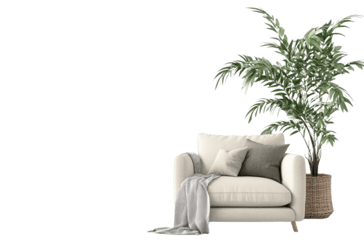 Modern cozy armchair with cushions next to a lush green potted plant. Perfect for indoor decor and relaxation. png