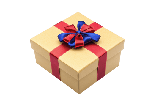 Beautifully wrapped gift box with a red ribbon and blue bow, perfect for any special occasion or holiday celebration. png