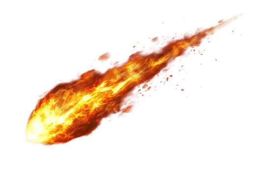 Dynamic fiery meteor flying through space with a blazing trail, showcasing a dramatic cosmic event and energy in motion. png