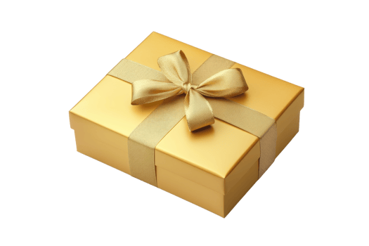 Elegant gold gift box with a satin ribbon bow. Perfect for special occasions like birthdays, anniversaries, and holidays. png