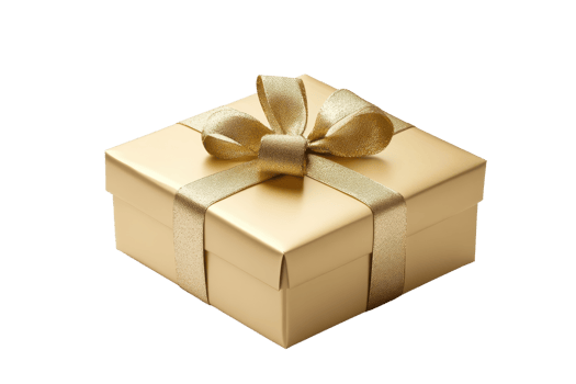 Elegant gold gift box with a satin ribbon bow isolated on a transparent background. perfect for celebrations, presents, and luxury packaging concepts. png