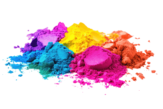 Colorful piles of Holi powder in various vibrant shades, perfect for festivals, arts, and crafts. Isolated on a transparent background. png