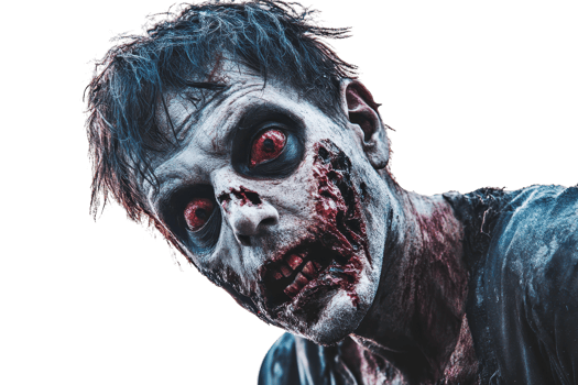 Close-up of a scary zombie with decayed skin, bloodied mouth, and eerie eyes. Perfect for horror, Halloween, and spooky themes. png