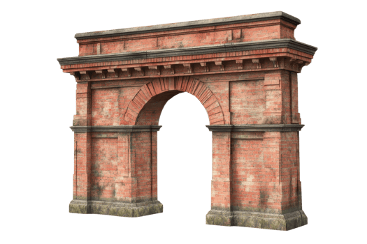 Historic brick archway isolated on transparent background. Classical architectural structure with intricate details and aged texture. png