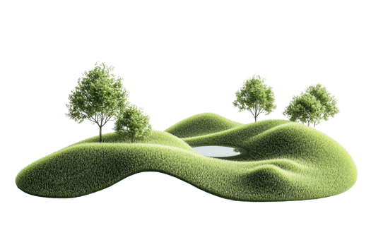 Isolated 3D rendering of a small grassy landscape with trees and a pond, perfect for nature and scenery concept designs. png