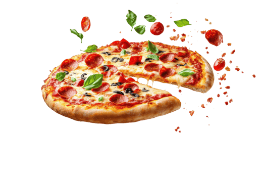 Delicious pepperoni pizza with fresh basil leaves and tomato slices against a clear background, perfect for food advertisements and menus. png