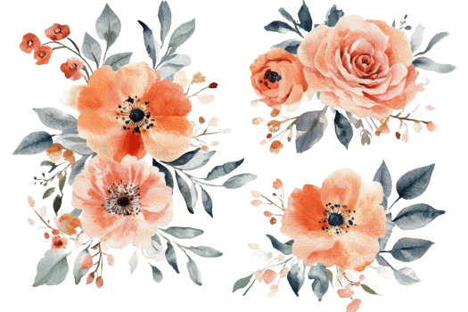 Delicate watercolor floral arrangement featuring soft orange roses and anemones with lush green leaves, perfect for elegant designs. png