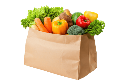 Brown paper bag filled with fresh vegetables like carrots, bell peppers, broccoli, lettuce, and more, perfect for healthy eating. png