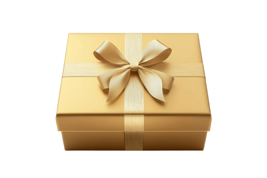 Elegant golden gift box with a satin ribbon bow, perfect for special occasions, celebrations, and festive gifting moments. png