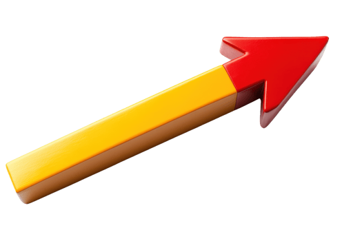 A 3D red and yellow upward arrow symbolizing growth, progress, and success on a transparent background. png