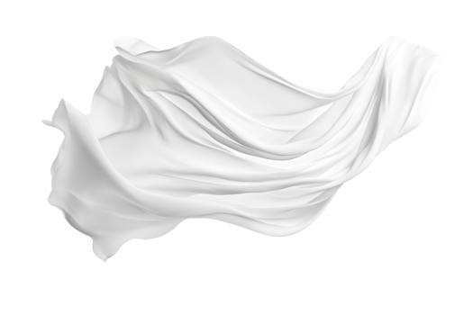 Abstract white fabric floating gracefully, isolated on a plain background, ideal for design and decoration concepts. png