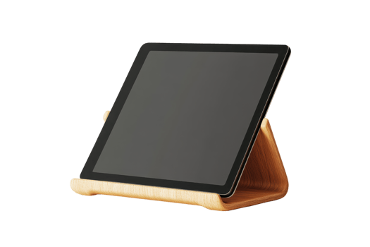 Modern tablet on a wooden stand isolated on transparent background. Perfect for digital or technology-themed content and presentations. png