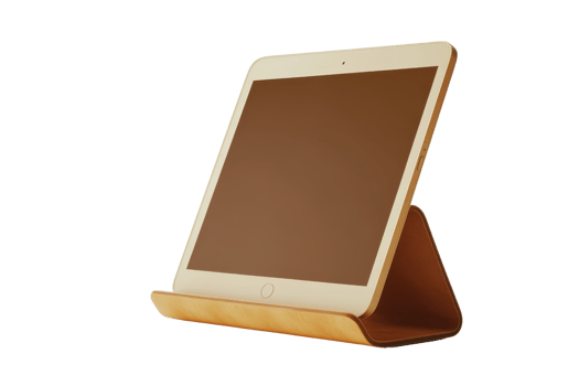 Modern tablet with blank screen standing on stylish wooden stand, isolated on transparent background. perfect for tech or product promotion. png