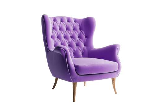 Elegant purple velvet armchair with tufted backrest and wooden legs, perfect for adding a pop of color and style to any living space. png