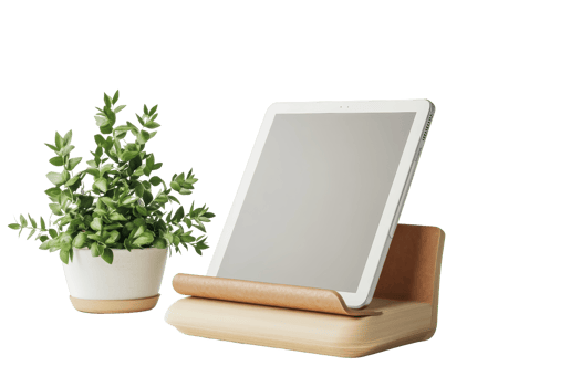 Modern tablet stand and potted plant on transparent background. Ideal for home decor, office setup, or digital device display. png