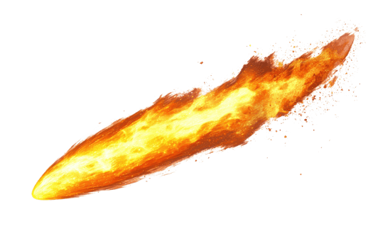 Bright comet or meteor with a fiery tail traveling through dark space, leaving a trail of sparks and burning flame. png