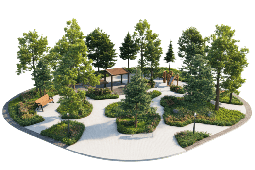 A beautiful park with lush green trees, neatly arranged pathways, benches, and a small shelter, offering a serene environment for relaxation. png