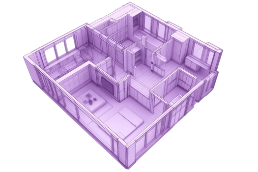 3D-rendered architectural floor plan showcasing a modern apartment layout in a cool purple hue, highlighting room details and spatial arrangement. png