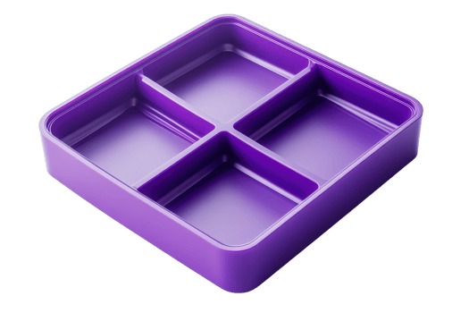 A purple plastic divided tray with four compartments, ideal for organizing crafts, office supplies, or serving snacks. png
