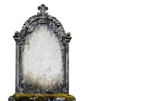 A weathered, ornate tombstone with intricate carvings, surrounded by moss, standing against a blank background, symbolizing remembrance. png
