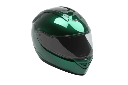 Green motorcycle helmet with a shiny finish and a clear visor, perfect for rider safety and style. Ideal for sports and travel use. png