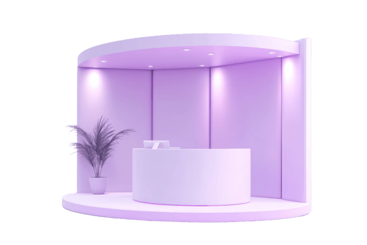Modern minimalist white reception desk with purple lighting and decorative plant creating a serene and stylish welcome area png