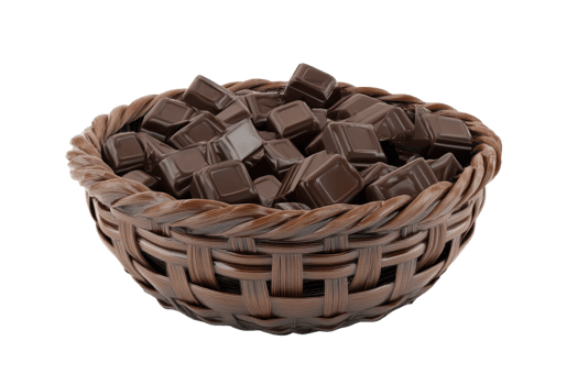A woven basket filled with dark chocolate cubes, perfect for desserts or gifts. The rich color and texture make it visually appealing. png