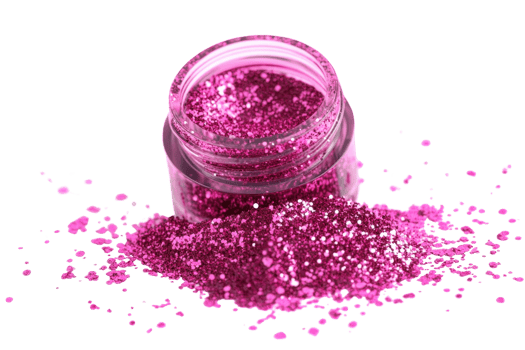 A small open jar of vibrant pink glitter spilling onto the surface, perfect for crafts, makeup, or festive decorations. png