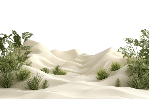 Lush green plants sprout amidst undulating sand dunes in a serene desert landscape, creating a beautiful contrast of nature's elements. png