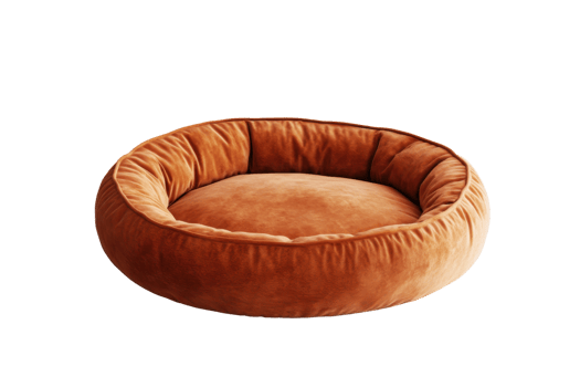 Plush round pet bed in a warm, earthy tone, ideal for providing comfort and relaxation for cats and small dogs. png