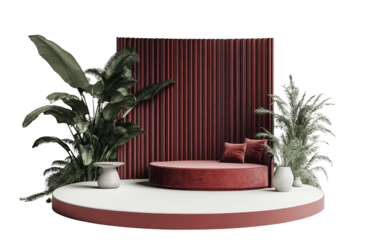 Modern podium display with red stage, green plants, and minimalistic decor, perfect for product presentation or interior design showcase. png