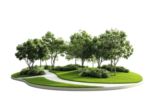 Scenic park with lush green trees and a winding pathway, offering a tranquil natural environment for outdoor relaxation and leisure activities. png