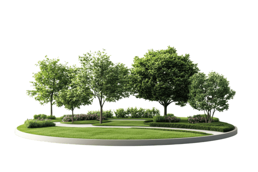 A serene park with lush green trees, well-manicured paths, and trimmed grass, perfect for relaxation and leisure activities. png